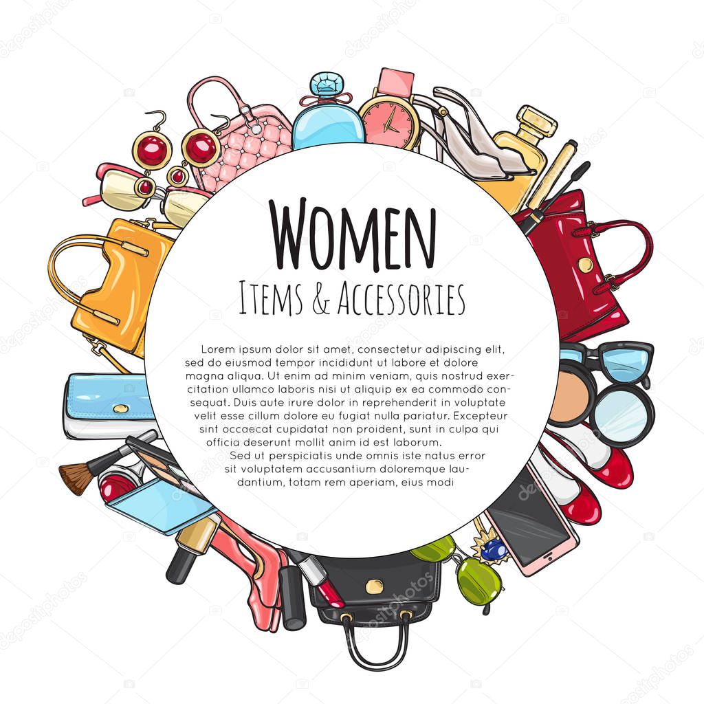 Women Items and Accessories Round Frame. Cosmetics.