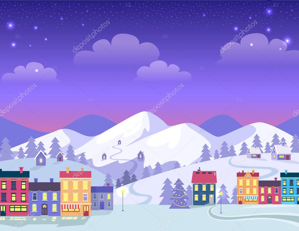 Christmas Town with Decorated Houses and Hills