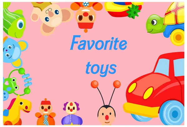 Collezione di giocattoli preferiti intorno a sfondo rosa — Vettoriale Stock