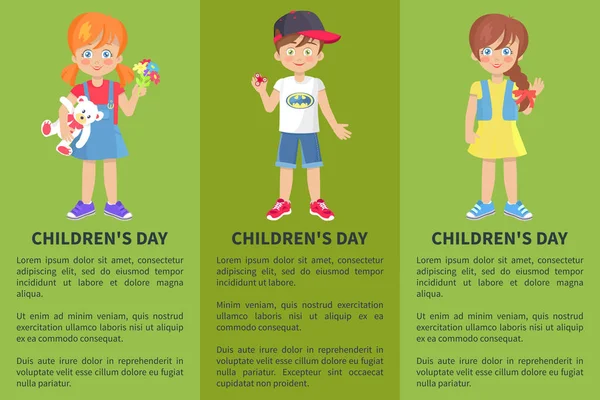 Banner web del día de los niños con niño y niña juguetones — Vector de stock