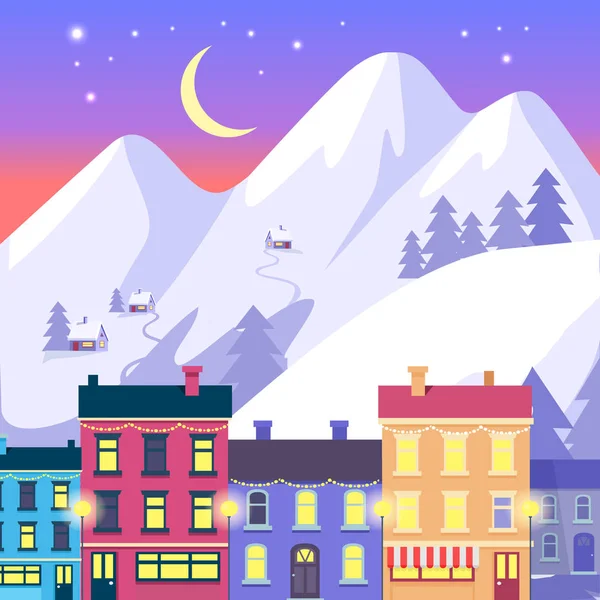 Yüksek dağlar arka plan için Noel küçük şehir — Stok Vektör