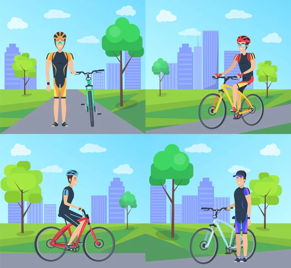 Pengendara sepeda dan Sepeda di Ilustrasi Vektor Set Kota - Stok Vektor