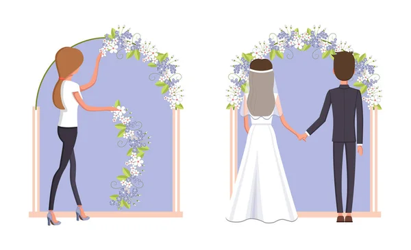 Kvinna dekorera bröllop Arc vektorillustration — Stock vektor