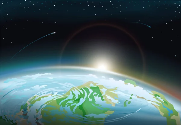 Spacescape a föld és a fényes nap a láthatáron — Stock Vector