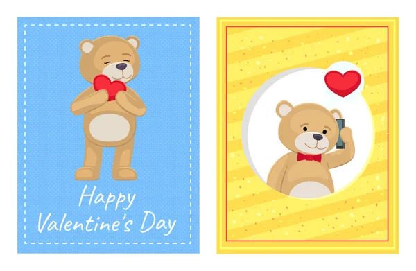 Happy Valentines Day Posters Set Plush Bears Toys — Stock Vector