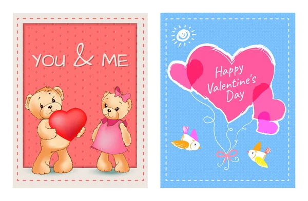Dia dos Namorados Postais com Ursos e Corações — Vetor de Stock