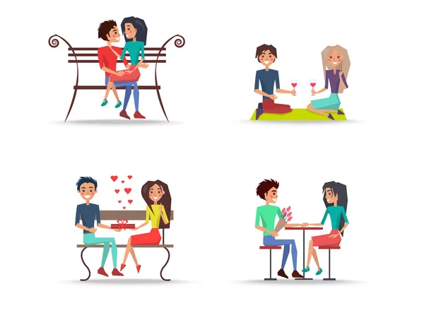 Conjunto de cuatro parejas enamoradas sobre fondo blanco — Vector de stock