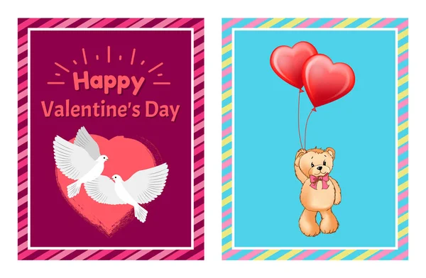 Valentijnsdag ansichtkaarten met duiven en Toy Bear — Stockvector