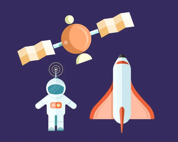Spaceman et satellite volant avec affiche de fusée — Image vectorielle