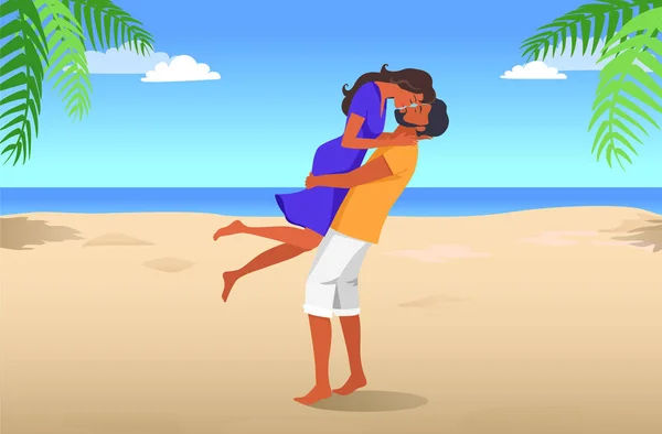 Pareja besos en la fecha en la playa tropical con palmeras — Vector de stock