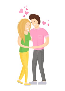 Tatlı çift gülümseyen Hugs, genç aşıklar kucaklayan