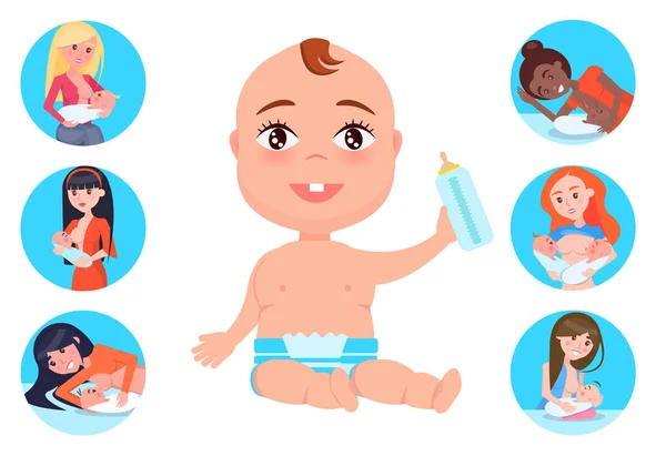 Bebê com garrafa e mães conjunto ilustração vetorial —  Vetores de Stock