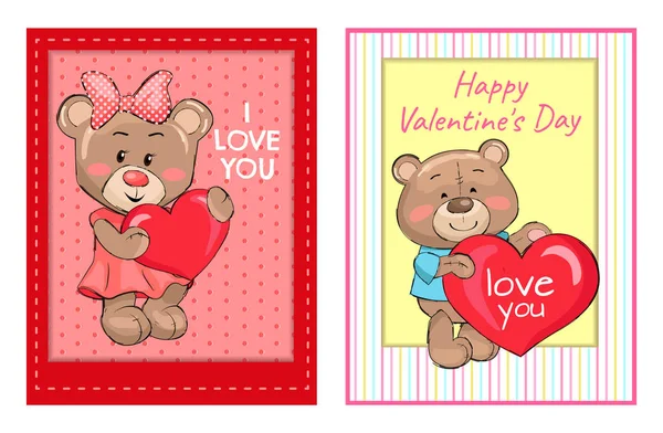 I Love You Happy Valentines Day Posters Set Bears — Stock Vector