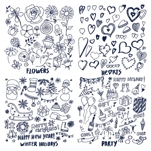 Set of Flowers Hearts Winter Holidays Party Cards - Stok Vektor