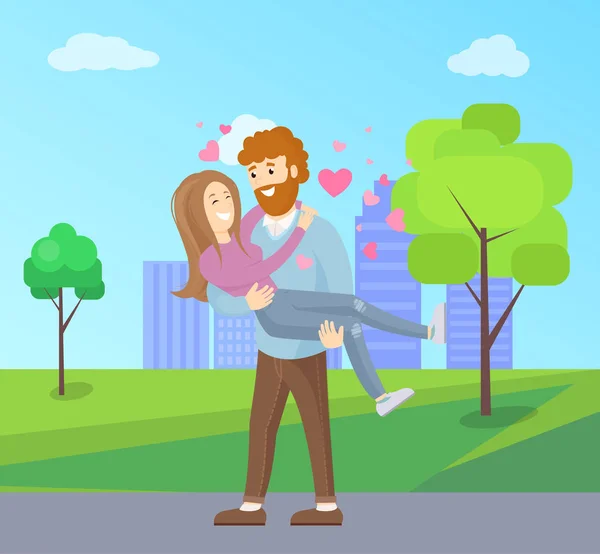 Hombre con barba sosteniendo mujer en las manos Vector — Vector de stock