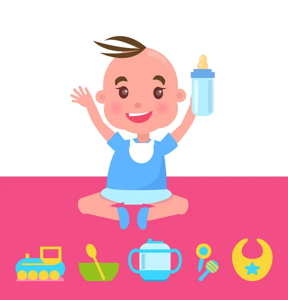 Joyful Kid with Bottle Sitting on Pink Carpet — Stock Vector