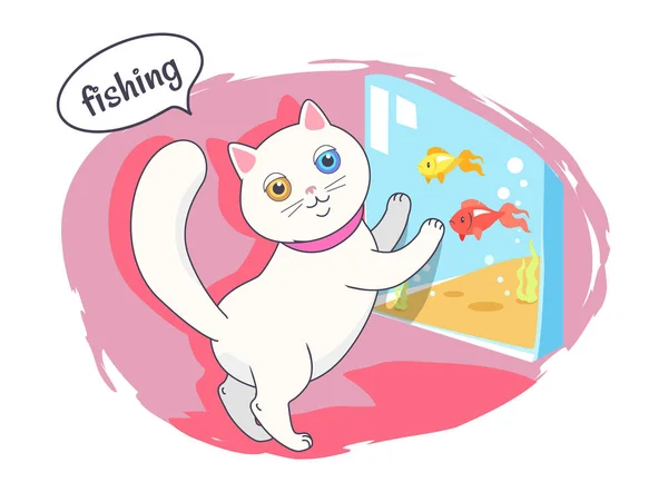 Fishing Kitten Color Poster Vector Illustration — Stock Vector