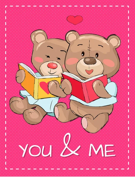 Kau dan aku Teddy Bear dalam Love Reading Books Poster - Stok Vektor