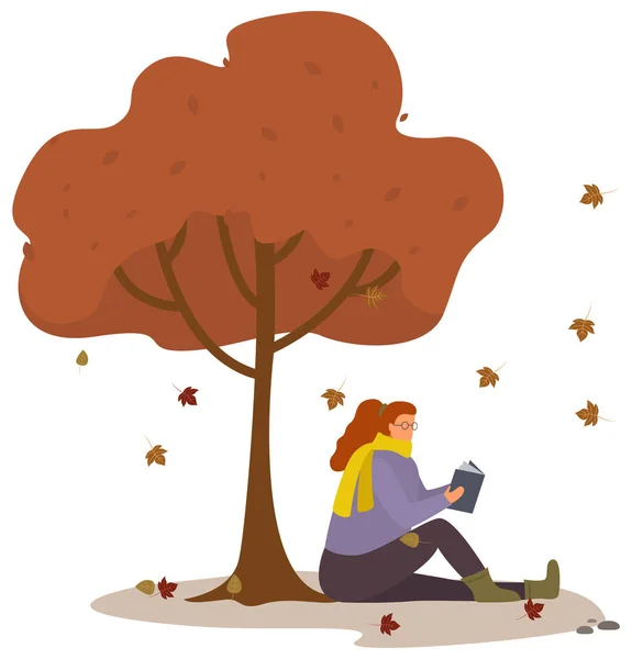 Donna che legge il libro sotto il grande albero nel parco autunnale — Vettoriale Stock