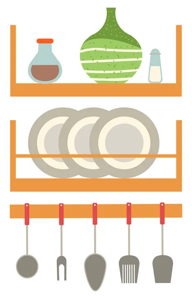 Geschirr im Regal, Küchengeräte, Kochvektor — Stockvektor