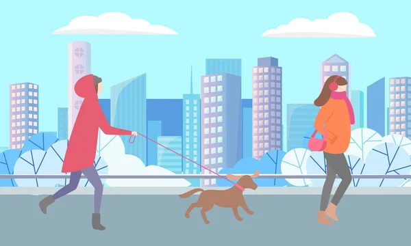 Person mit Haustier und Frau spazieren im Winterpark — Stockvektor