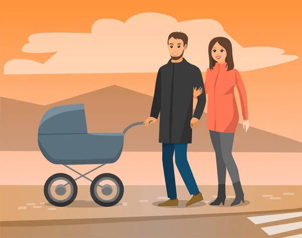 Ouders Wandelen met baby wandelwagen, Uitzicht op de bergen — Stockvector