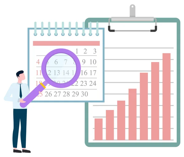 Homem investigando calendário, gráfico de lupa —  Vetores de Stock