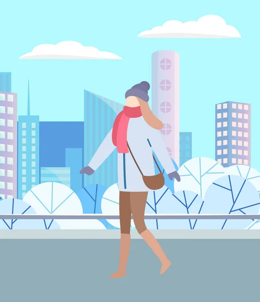 Γυναίκα σε ζεστά ρούχα Περπάτημα στο Winter City Park — Διανυσματικό Αρχείο