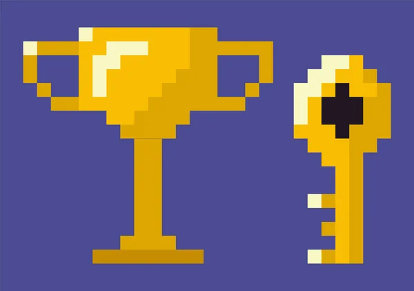 Złote trofeum i klucz, pikselowane ikony zestawu gier — Wektor stockowy
