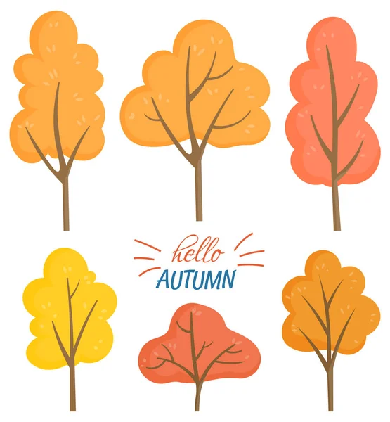 Hello Autumn Set de Árboles Amarillos y Naranjos Vector — Vector de stock