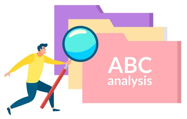 Personaje con lupa Archivos ABC Análisis — Vector de stock