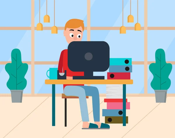 Man Werken met computer, Home Workplace Vector — Stockvector