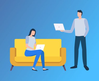 Erkek Ana Kadın Laptop Kullanıyor, Bilgisayar Vektörüyle Çalışıyor