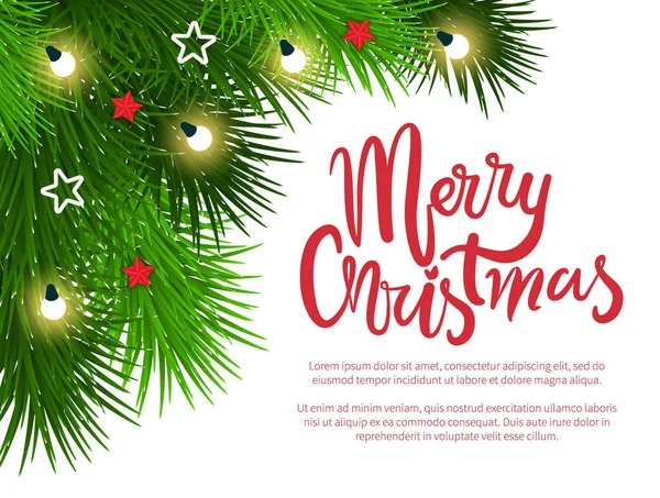 Merry Christmas Poster with Text and Pine Branches — Stock Vector