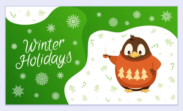 Vacances d'hiver avec Pingouin, Vecteur de carte postale de Noël — Image vectorielle