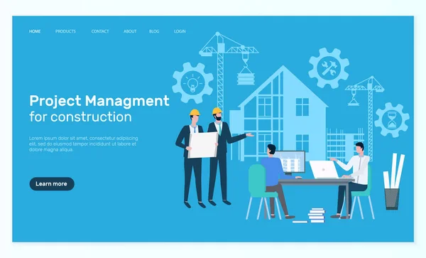 Управление проектами, менеджеры в строительной сети — стоковый вектор
