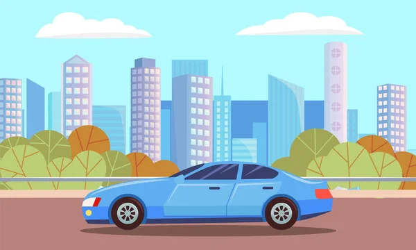 Coche azul, Sedán en camino urbano, Paisaje de la ciudad — Vector de stock