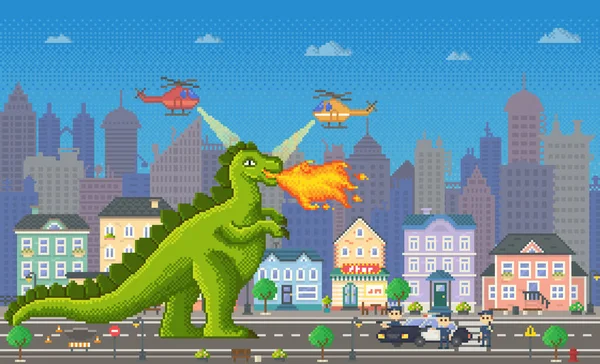 Pixel gioco drago personaggio con fiamme vettoriale — Vettoriale Stock