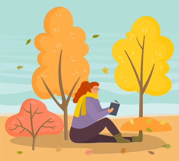 Female Reading Literature in Autumn Park Vector — Stock Vector