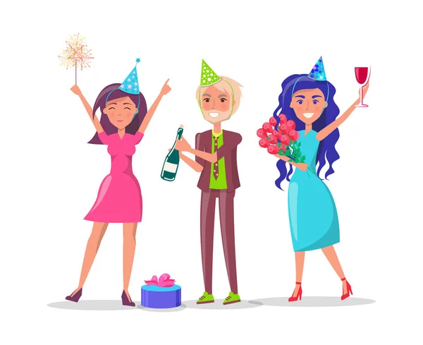 People in Festive Dresses Celebrate Birthday Party — Stock Vector