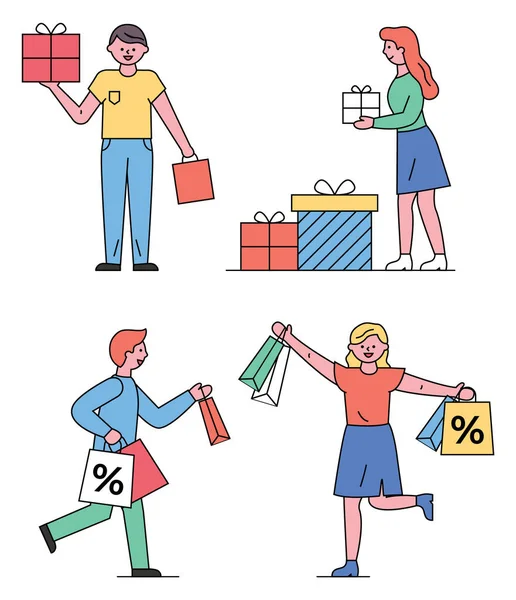Покупки Людина і жінка з подарунками Вектор — стоковий вектор