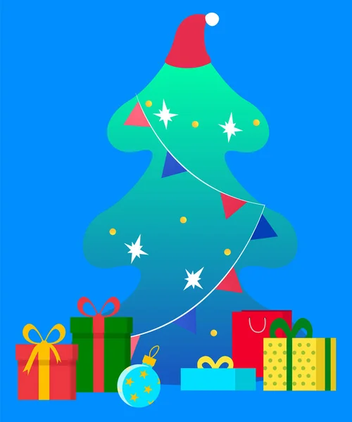 Christmas Fir Tree and Gift, Present Boxes Under — Stock Vector