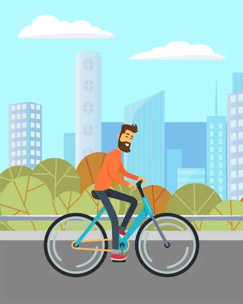 Hombre montando en bicicleta por carretera en el parque, paisaje de la ciudad — Vector de stock