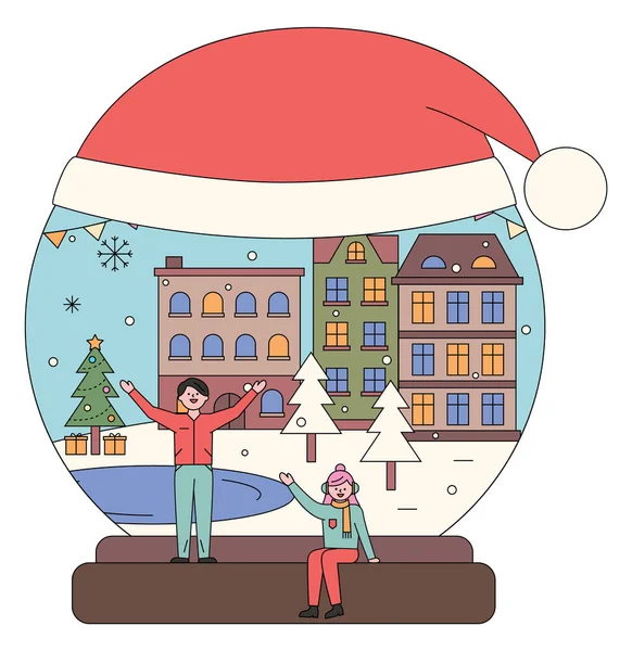 Uomo e donna che camminano in città, palla di neve di Natale — Vettoriale Stock