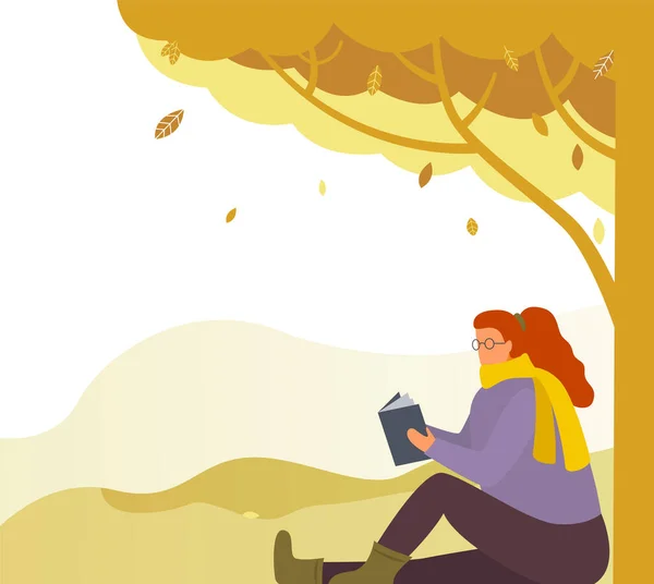 Vrouwelijke literatuur lezen in Autumn Park Vector — Stockvector