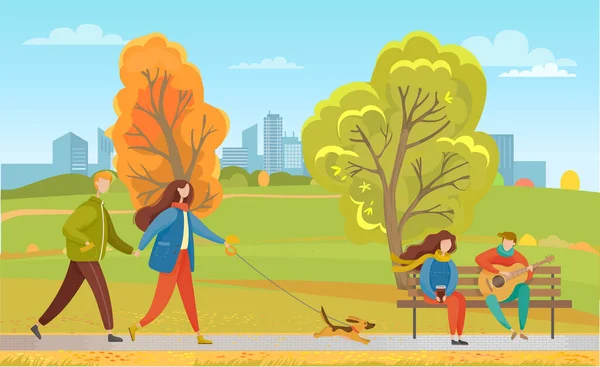 Parejas en otoño Parque de la ciudad, Mascotas caminando juntas — Vector de stock