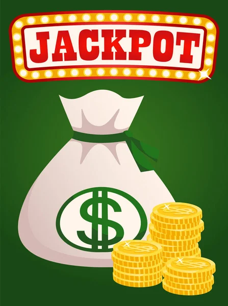Jackpot dans Casino, Sac avec de l'argent et des pièces en dollar — Image vectorielle