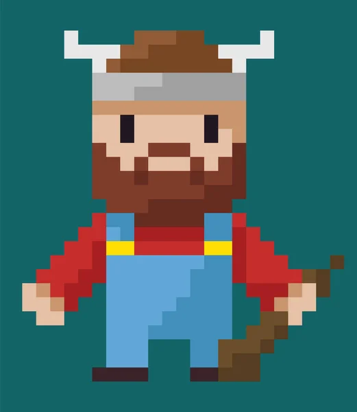 Viking Character with Weapon and Horned Hat Pixel — Stock Vector