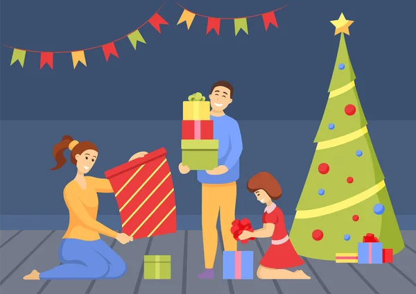 Noel Kutlama İnsanları Çam ağacından hediyelerle — Stok Vektör