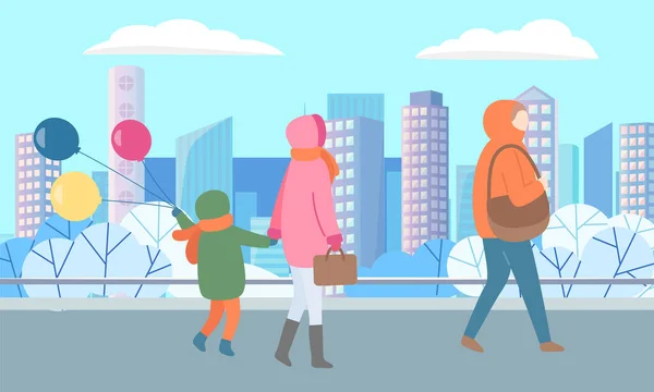 Gente en la ciudad, Mujer con globos para niños — Vector de stock